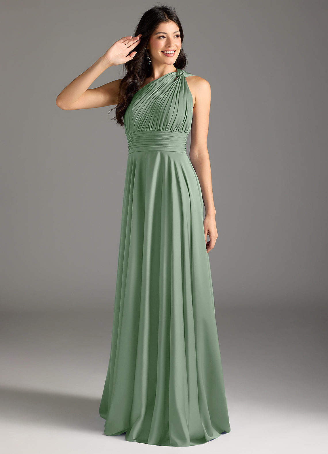 elyessen Charlize Dusty Sage A-Line One Shoulder Stretch Satin Dress 1