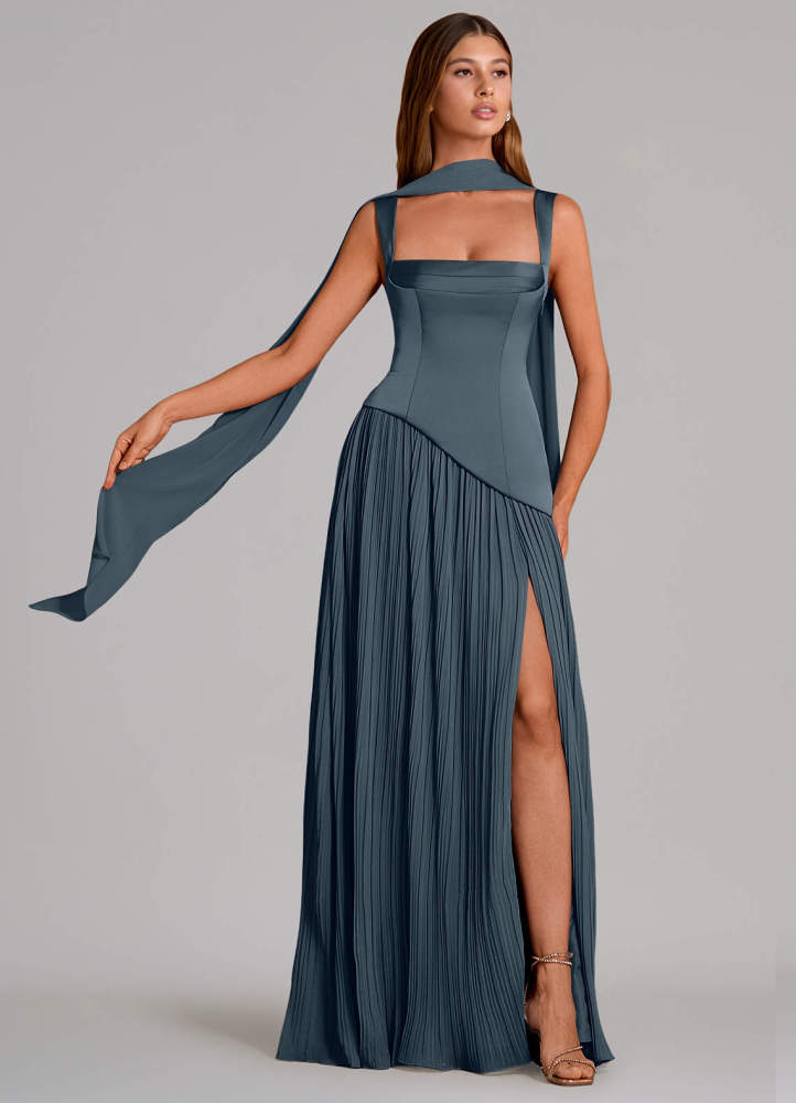 elyessen Stephanie Black A-Line Pleated Stretch Satin Dress 3