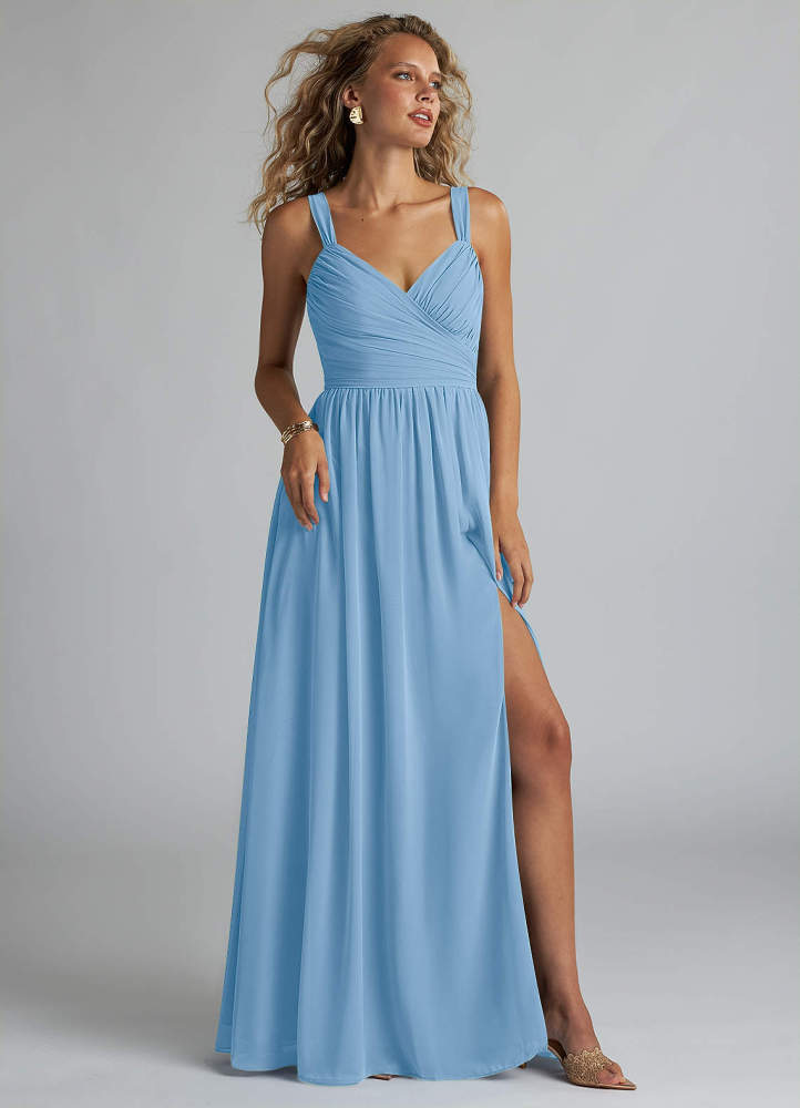 elyessen Aziza Sky Blue A-Line V-Neck Pleated Chiffon Dress 2