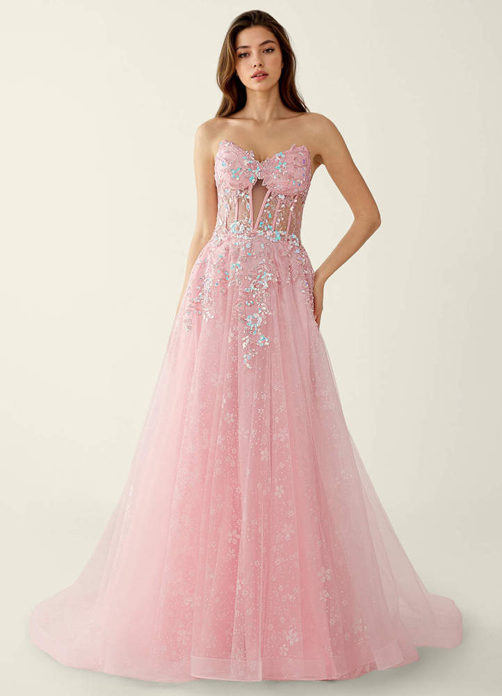 Novaevy Pink Beading Sequin Embroidery Tulle Prom Dress