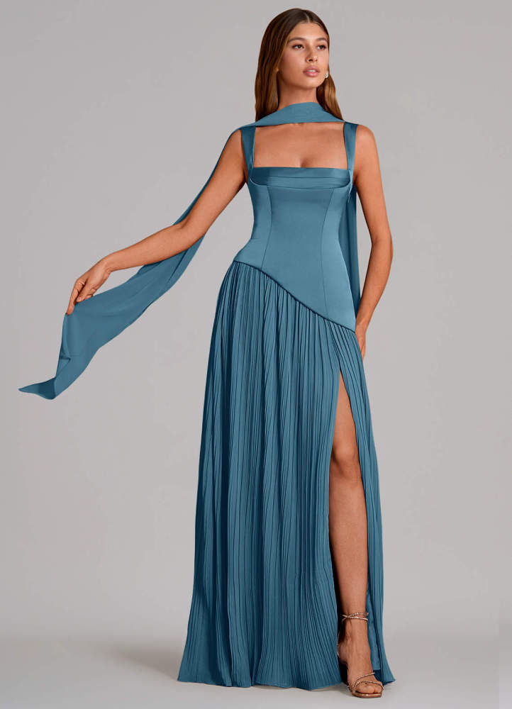 elyessen Stephanie Black A-Line Pleated Stretch Satin Dress 3