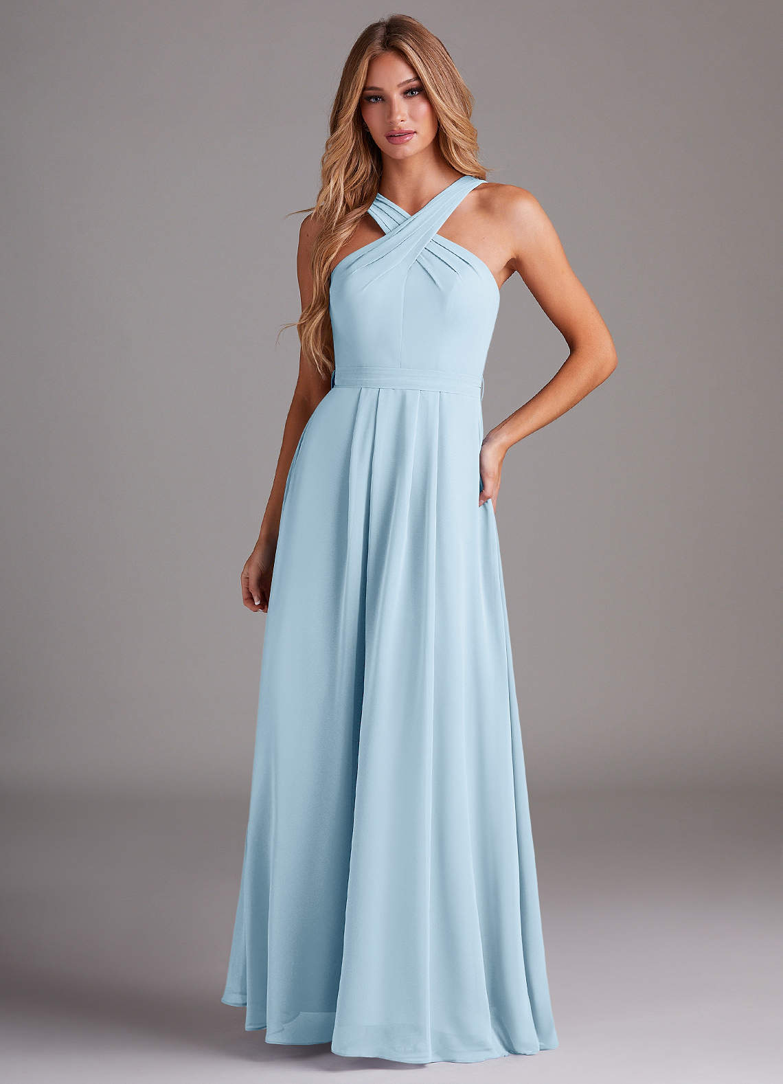 elyessen Dixie Sky Blue A-Line Halter Pleated Chiffon Dress 1