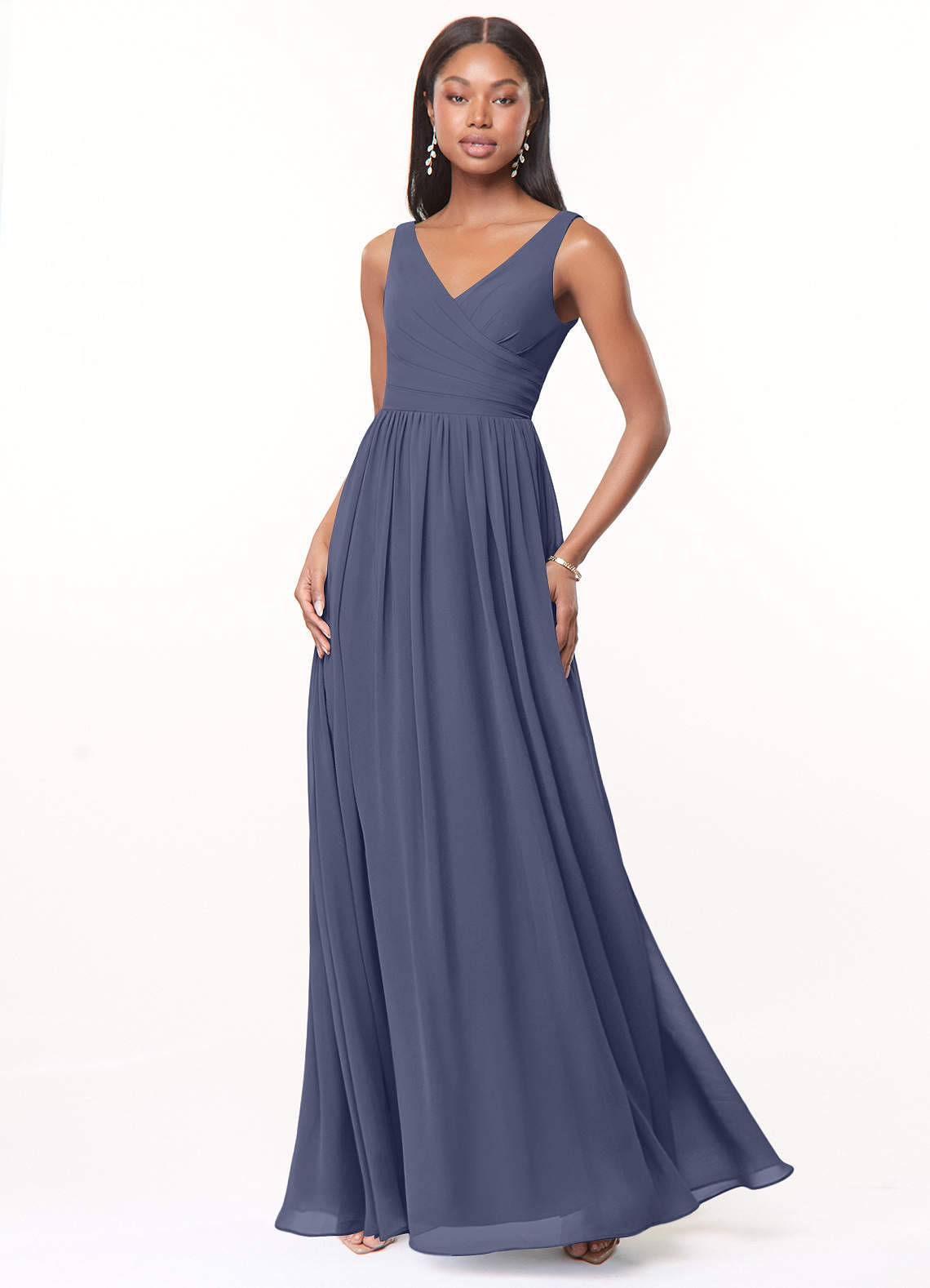 elyessen Keyla Dusty Blue A-Line V-Neck Pleated Chiffon Dress 3