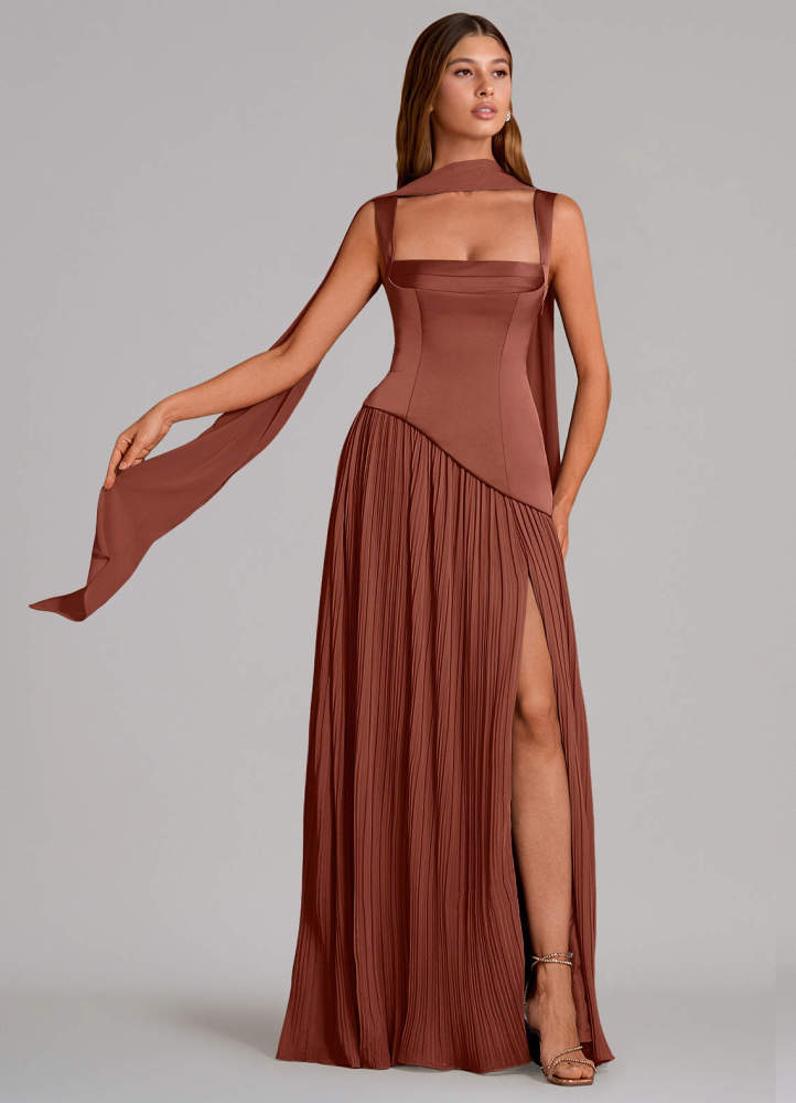 elyessen Stephanie Black A-Line Pleated Stretch Satin Dress 6