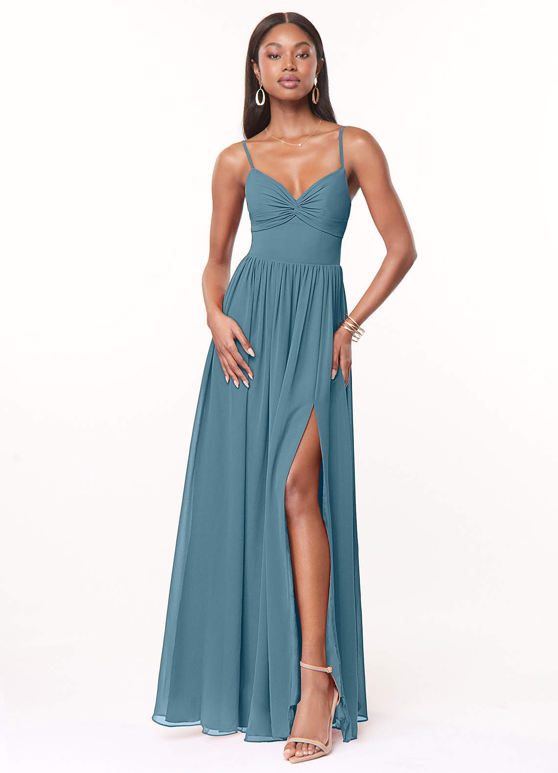 elyessen Zeya Dusty Blue A-Line V-Neck Pleated Chiffon Dress 3