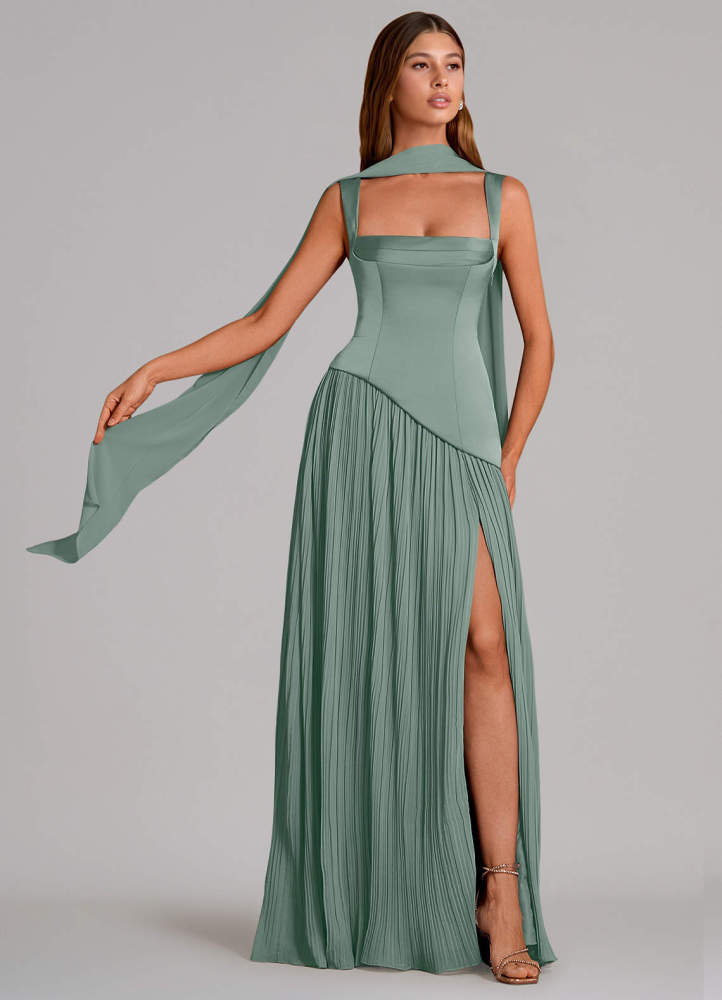 elyessen Stephanie Black A-Line Pleated Stretch Satin Dress 1