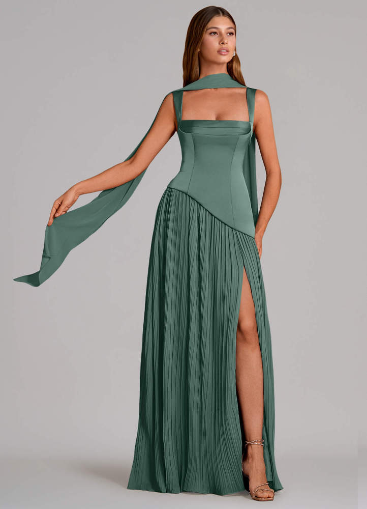 elyessen Stephanie Black A-Line Pleated Stretch Satin Dress 1