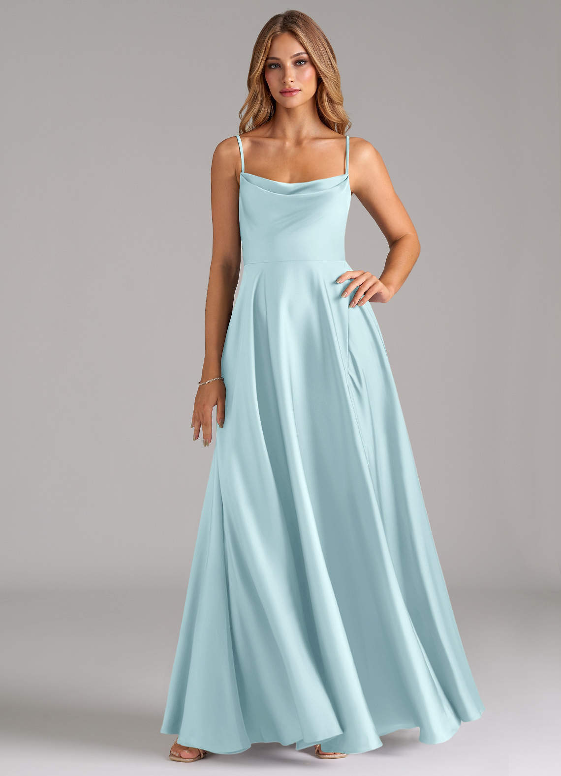 elyessen Elle Sky Blue A-Line Pleated Stretch Satin Dress 3