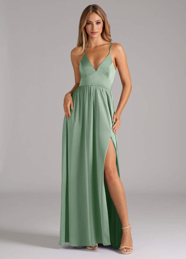 elyessen Aaida Dusty Sage A-Line Corset Stretch Satin Dress 1
