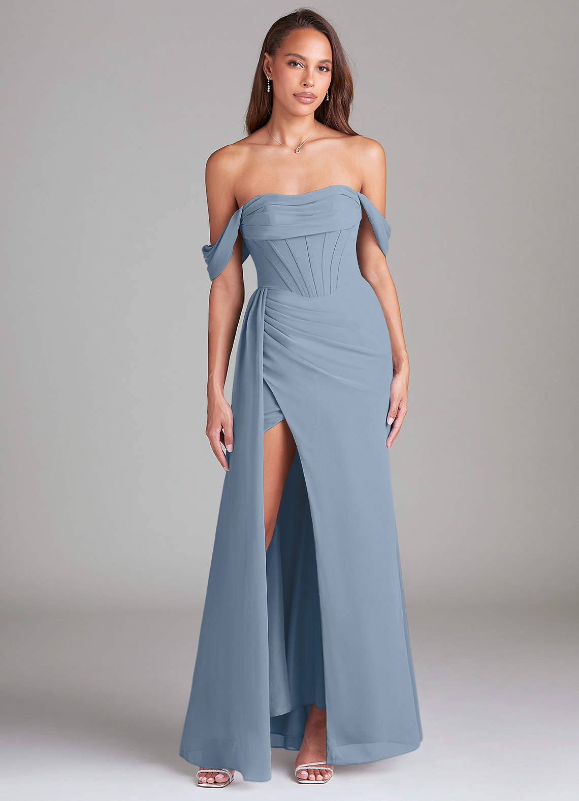 elyessen Amyra Dusty Blue Sheath Off the Shoulder Chiffon Convertible Dress 3