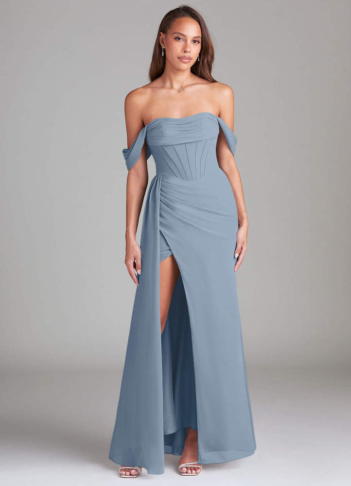 elyessen Amyra Dusty Blue Sheath Off the Shoulder Chiffon Convertible Dress 3