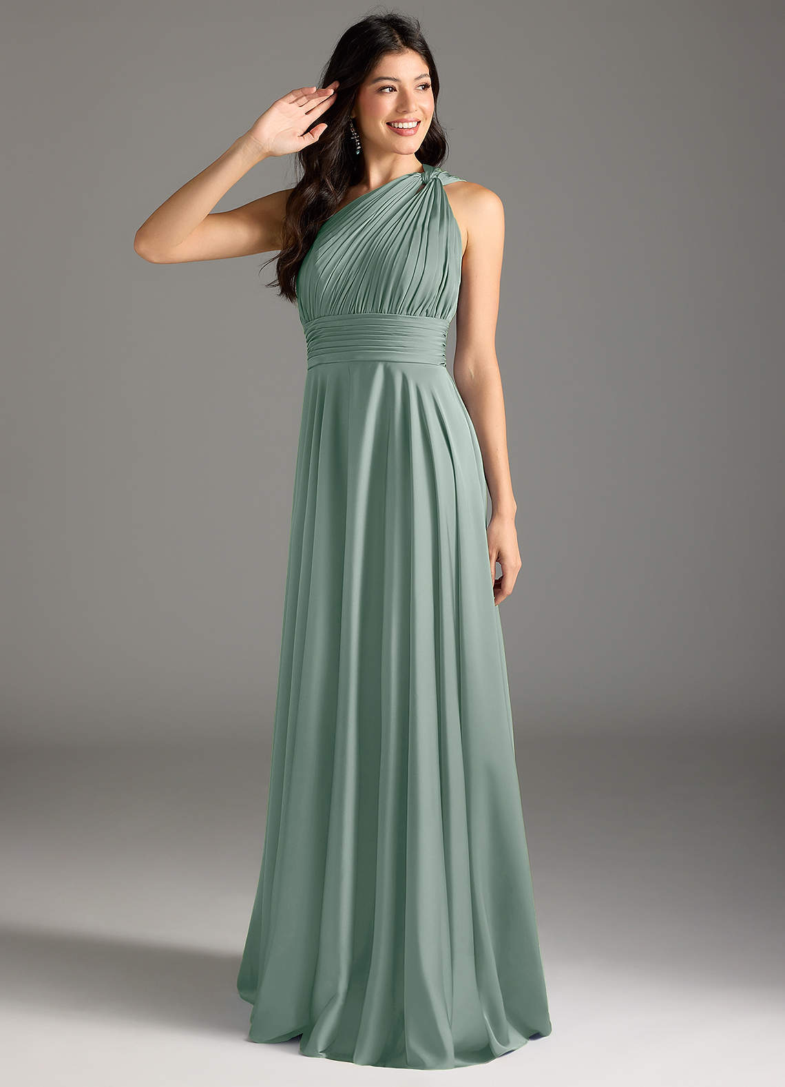 elyessen Charlize Dusty Sage A-Line One Shoulder Stretch Satin Dress 1