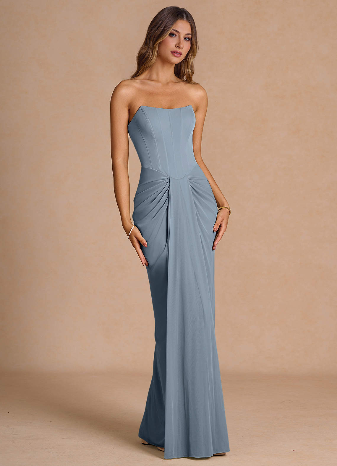elyessen Zeya Dusty Blue A-Line Pleated Stretch Satin Dress 7