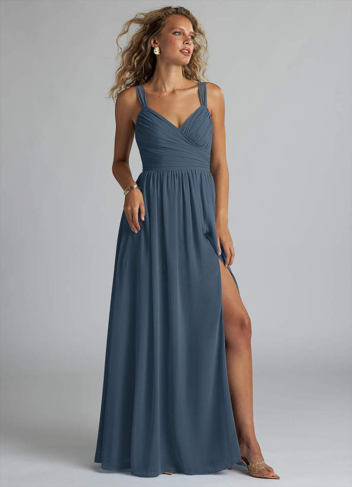 elyessen Aziza Sky Blue A-Line V-Neck Pleated Chiffon Dress 3