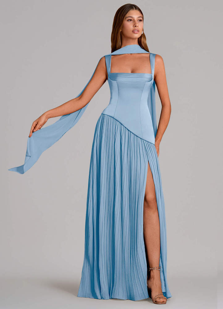 elyessen Stephanie Black A-Line Pleated Stretch Satin Dress 2