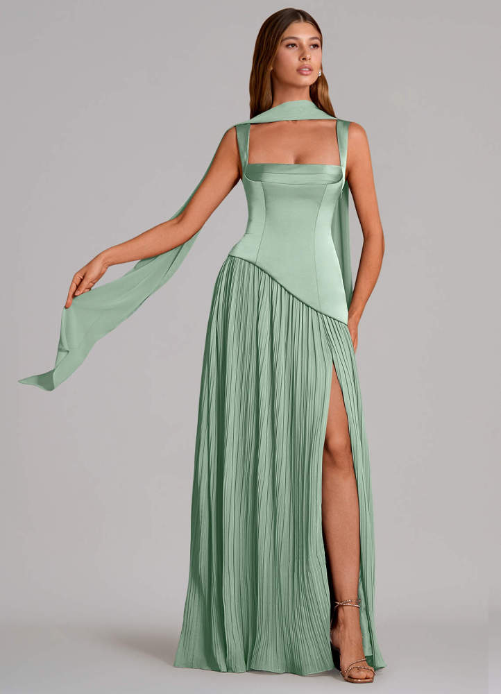 elyessen Stephanie Black A-Line Pleated Stretch Satin Dress 1