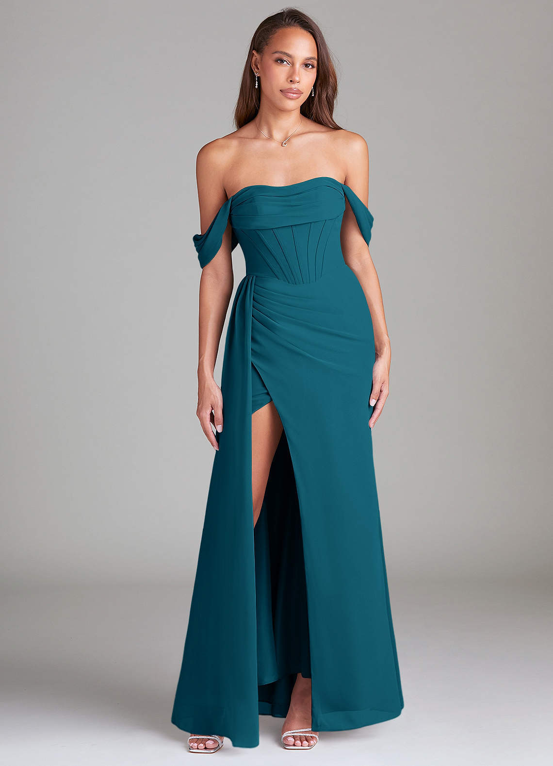 elyessen Amyra Dusty Blue Sheath Off the Shoulder Chiffon Convertible Dress 3