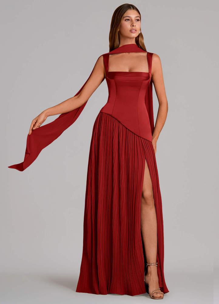 elyessen Stephanie Black A-Line Pleated Stretch Satin Dress 6