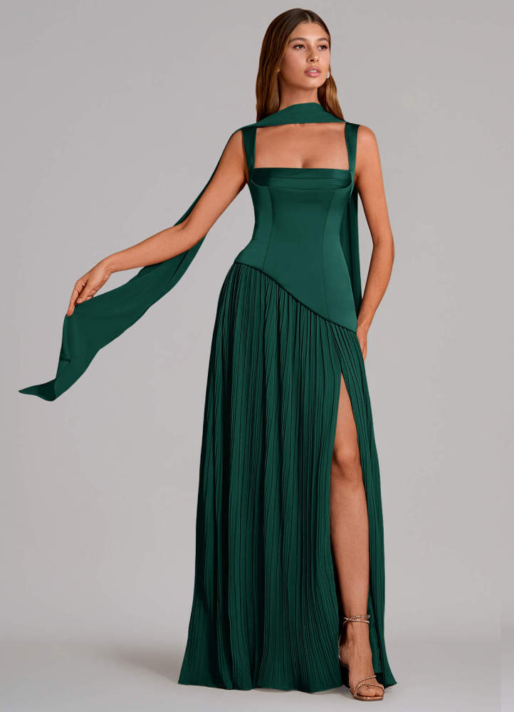 elyessen Stephanie Black A-Line Pleated Stretch Satin Dress 2