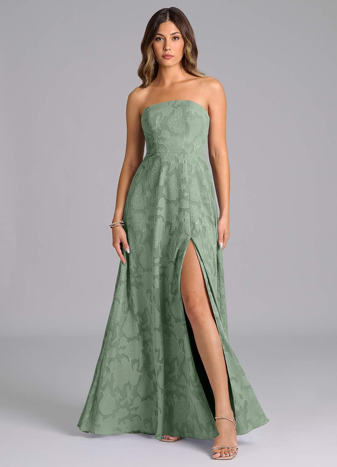 elyessen Wren Dusty Sage A-Line Strapless Floral Burnout Dress 1