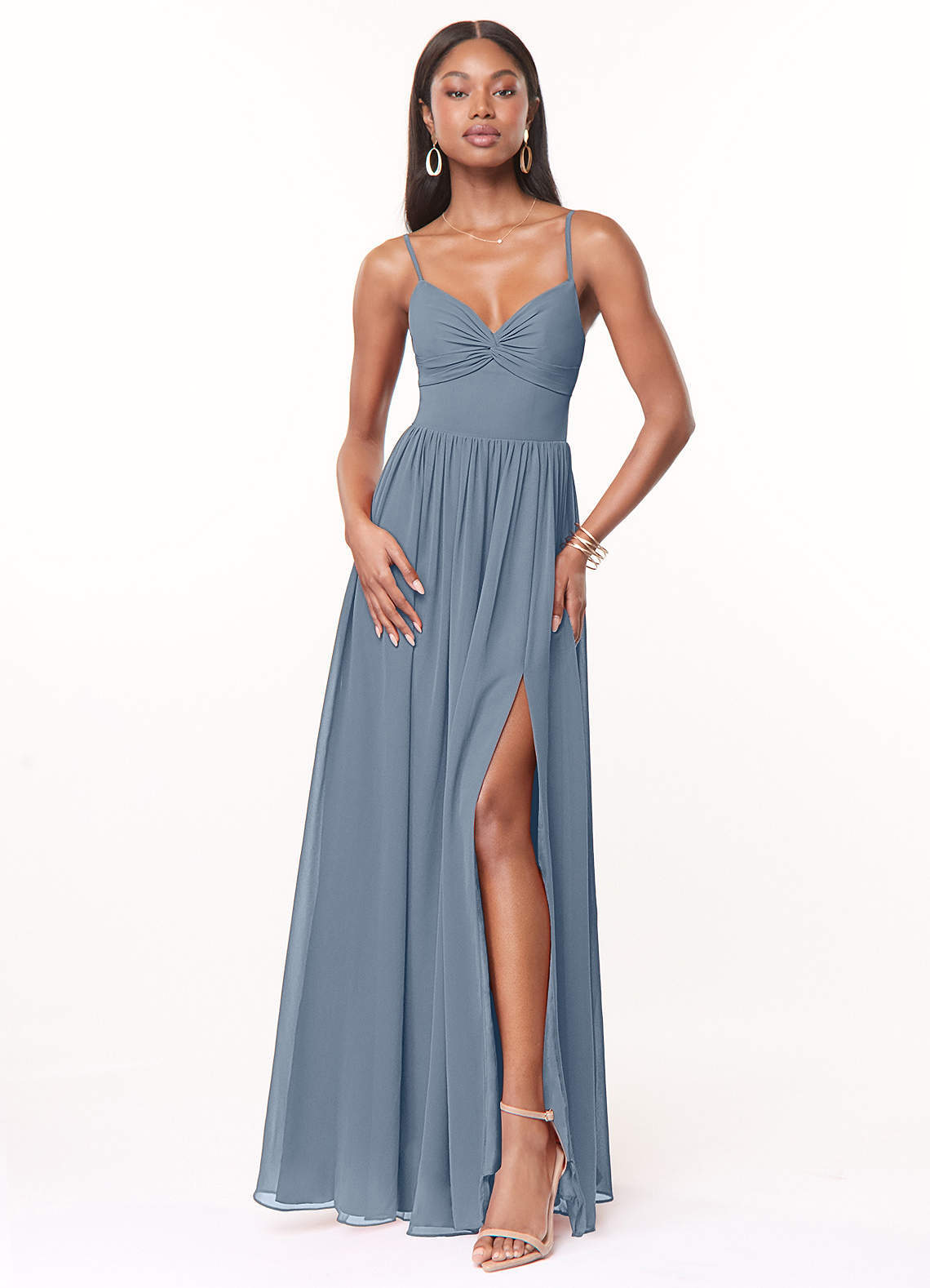 elyessen Zeya Dusty Blue A-Line V-Neck Pleated Chiffon Dress 3