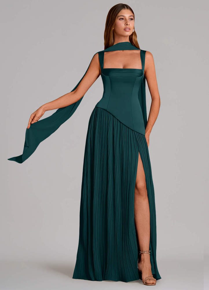 elyessen Stephanie Black A-Line Pleated Stretch Satin Dress 2