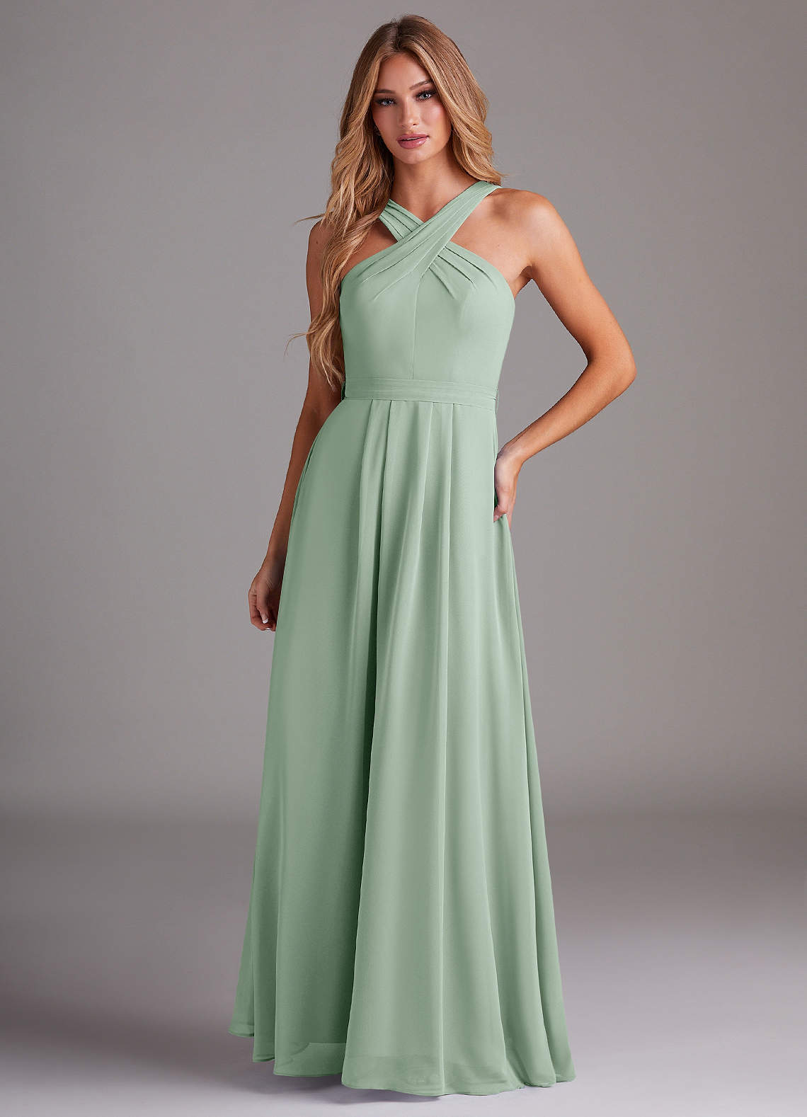 elyessen Dixie Sky Blue A-Line Halter Pleated Chiffon Dress 1