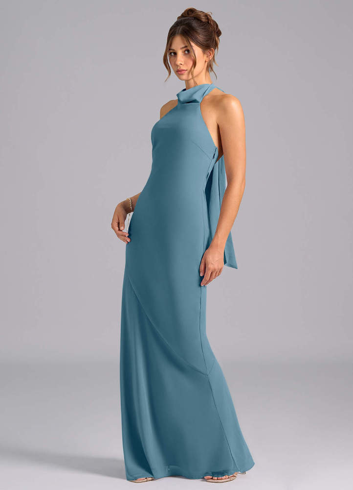 elyessen Velli Dusty Blue Mermaid High Neck Chiffon Dress 3