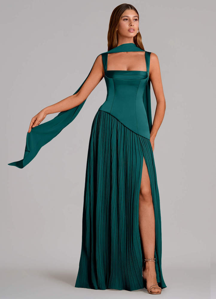 elyessen Stephanie Black A-Line Pleated Stretch Satin Dress 2