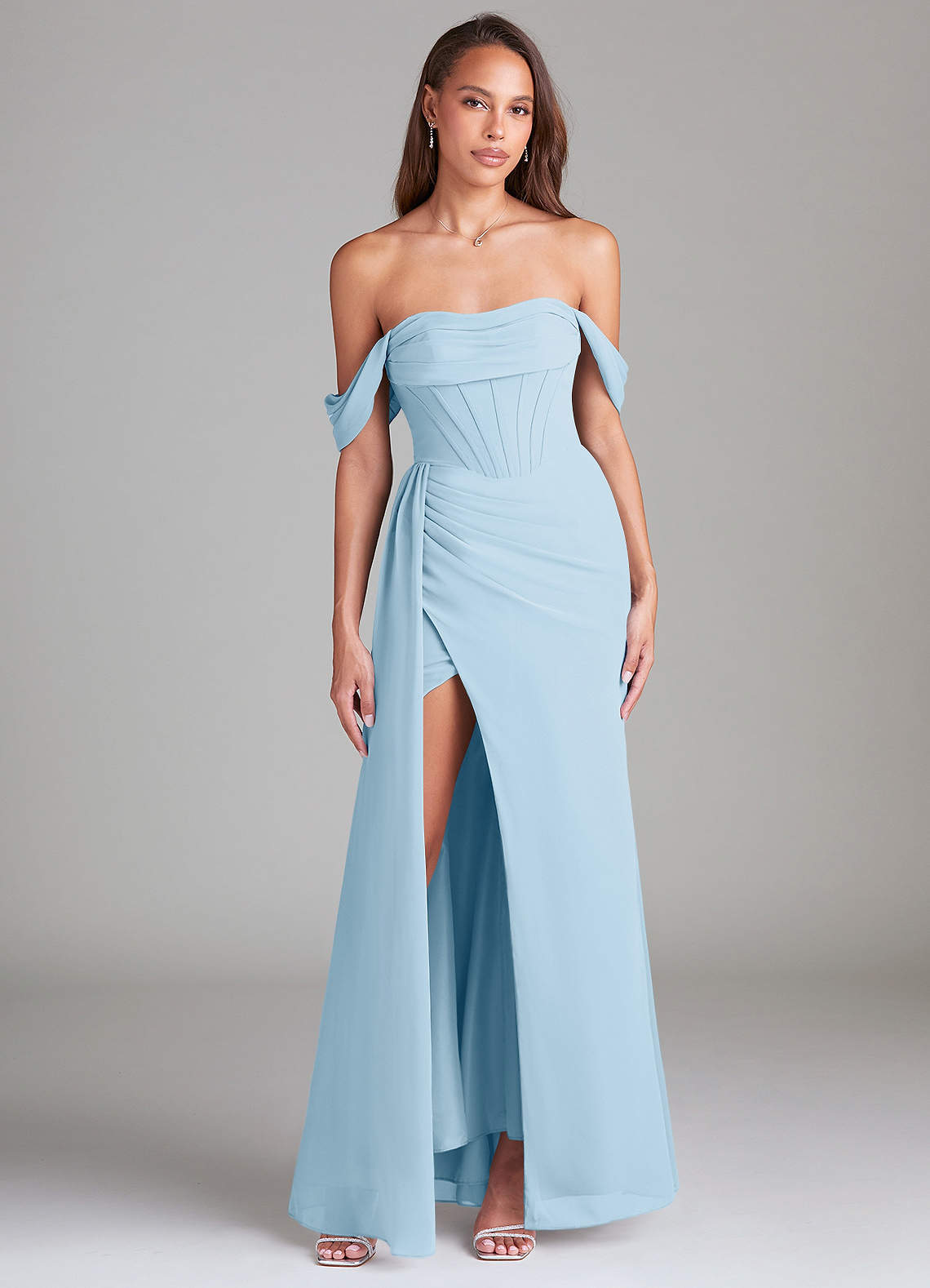 elyessen Amyra Dusty Blue Sheath Off the Shoulder Chiffon Convertible Dress 2