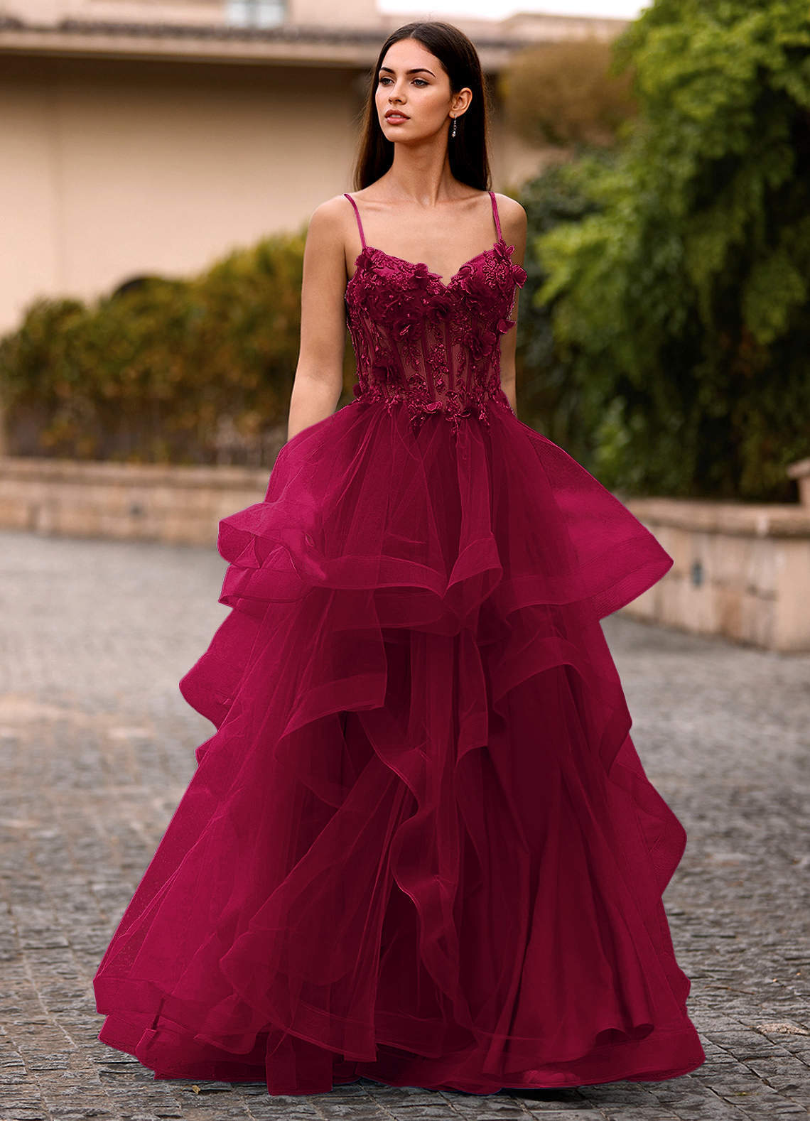 Dreama Burgundy Lace Corset Ruffle Prom Dress