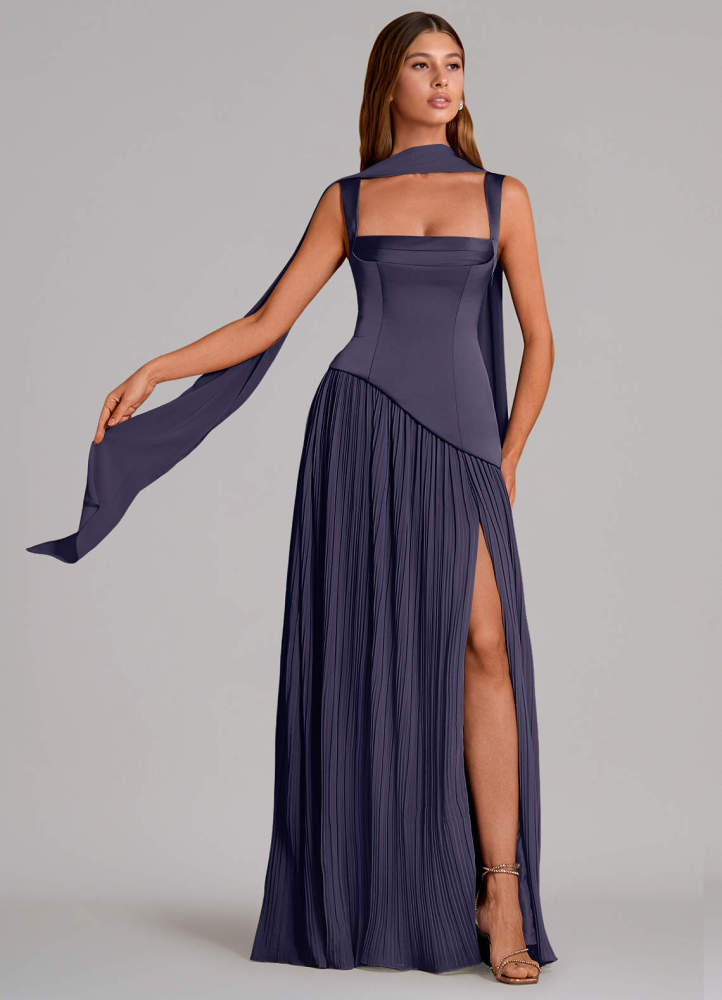 elyessen Stephanie Black A-Line Pleated Stretch Satin Dress 3