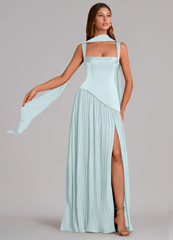 elyessen Stephanie Black A-Line Pleated Stretch Satin Dress 2