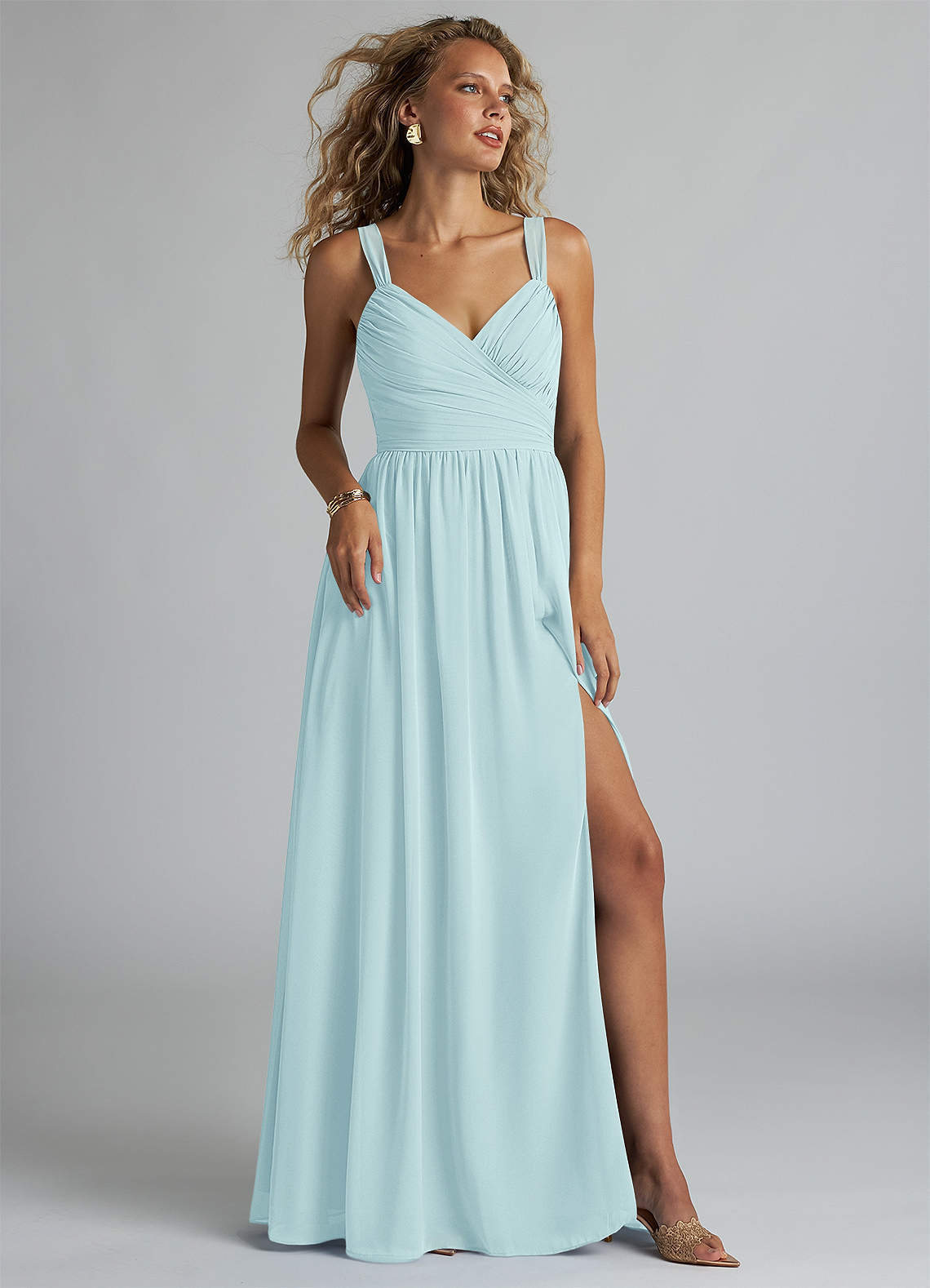 elyessen Aziza Sky Blue A-Line V-Neck Pleated Chiffon Dress 2