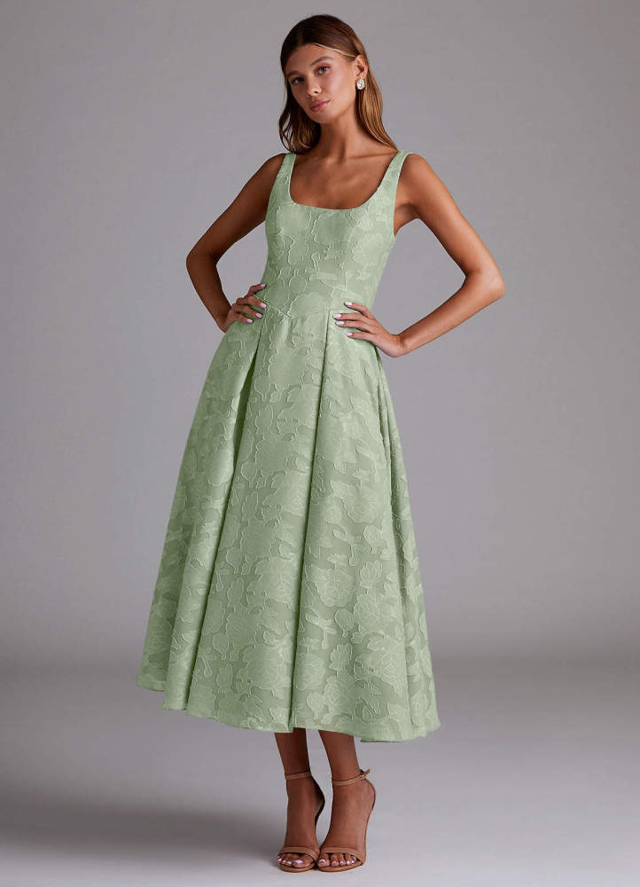 elyessen Amalie Dusty Blue A-Line Pleated Floral Burnout Dress 1