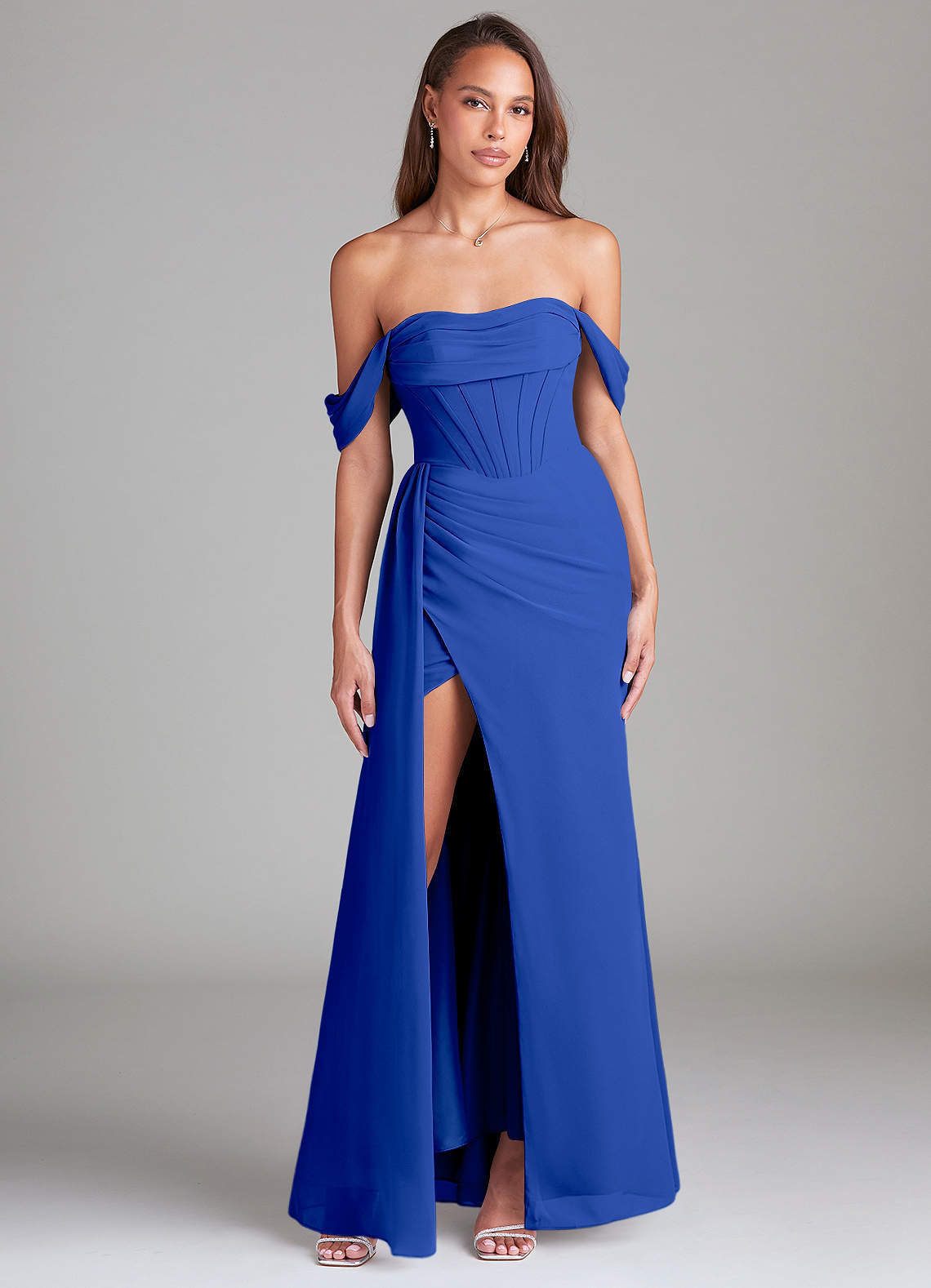 elyessen Amyra Dusty Blue Sheath Off the Shoulder Chiffon Convertible Dress 3