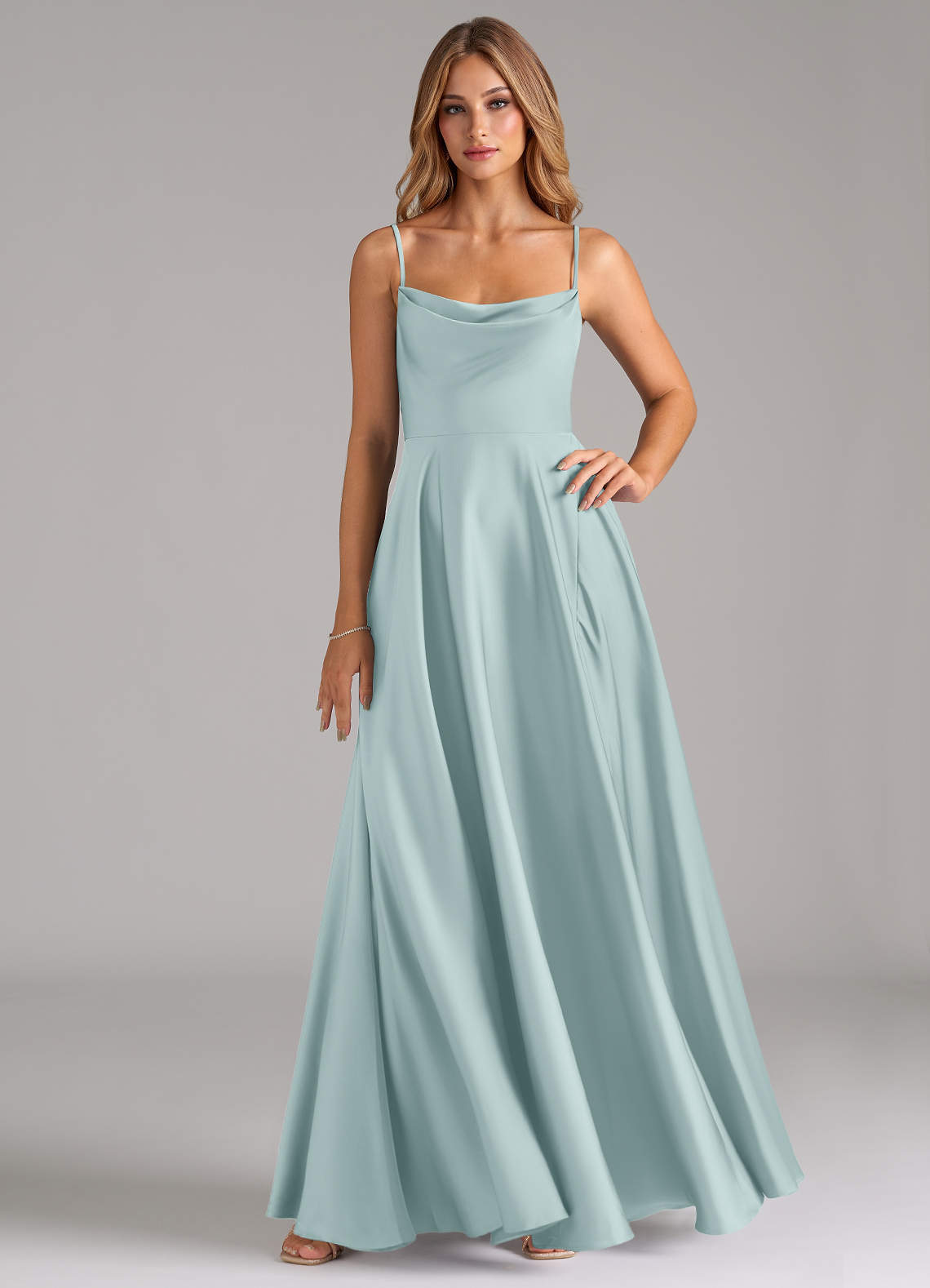 elyessen Elle Sky Blue A-Line Pleated Stretch Satin Dress 3