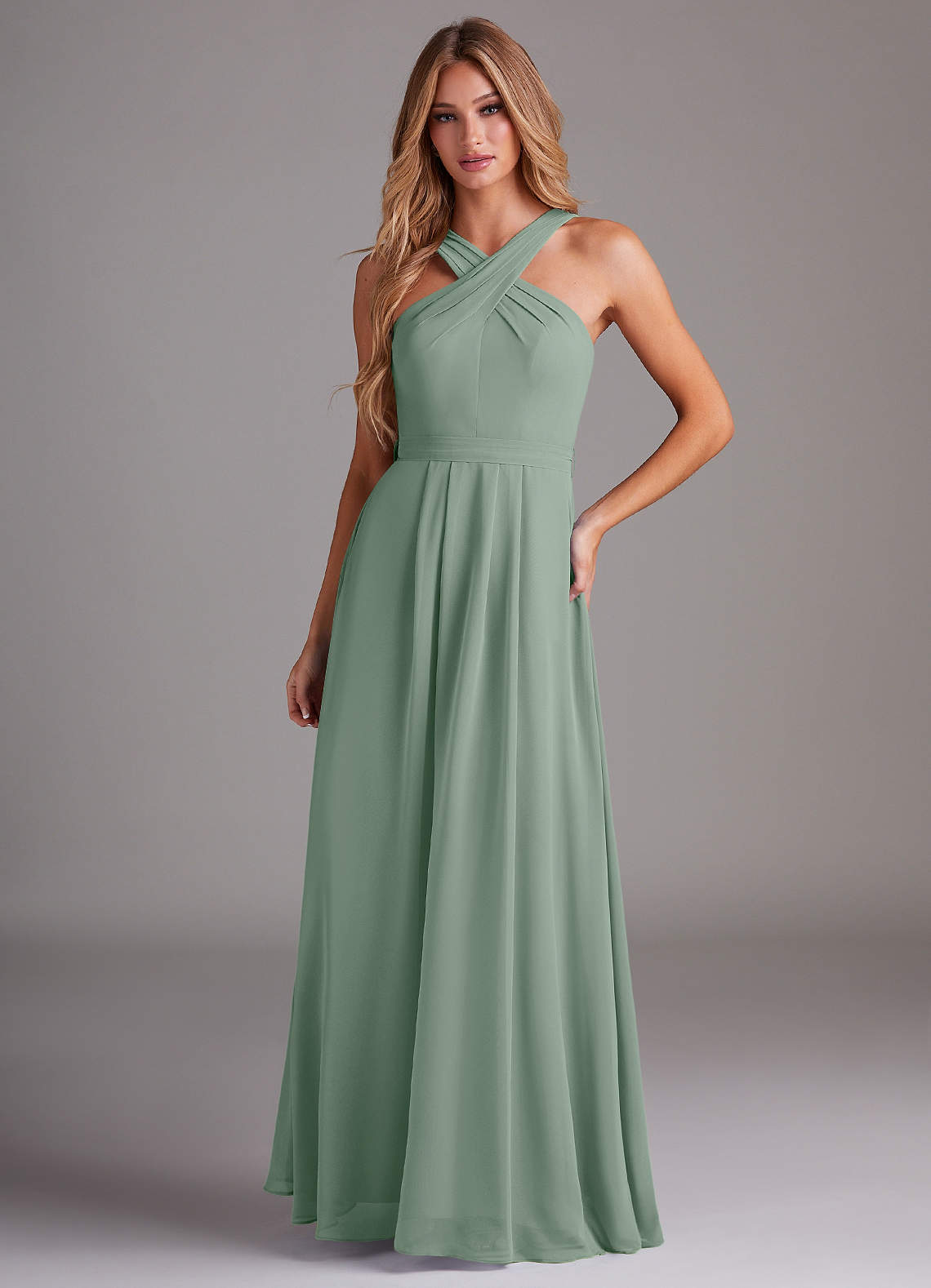 elyessen Dixie Sky Blue A-Line Halter Pleated Chiffon Dress 1
