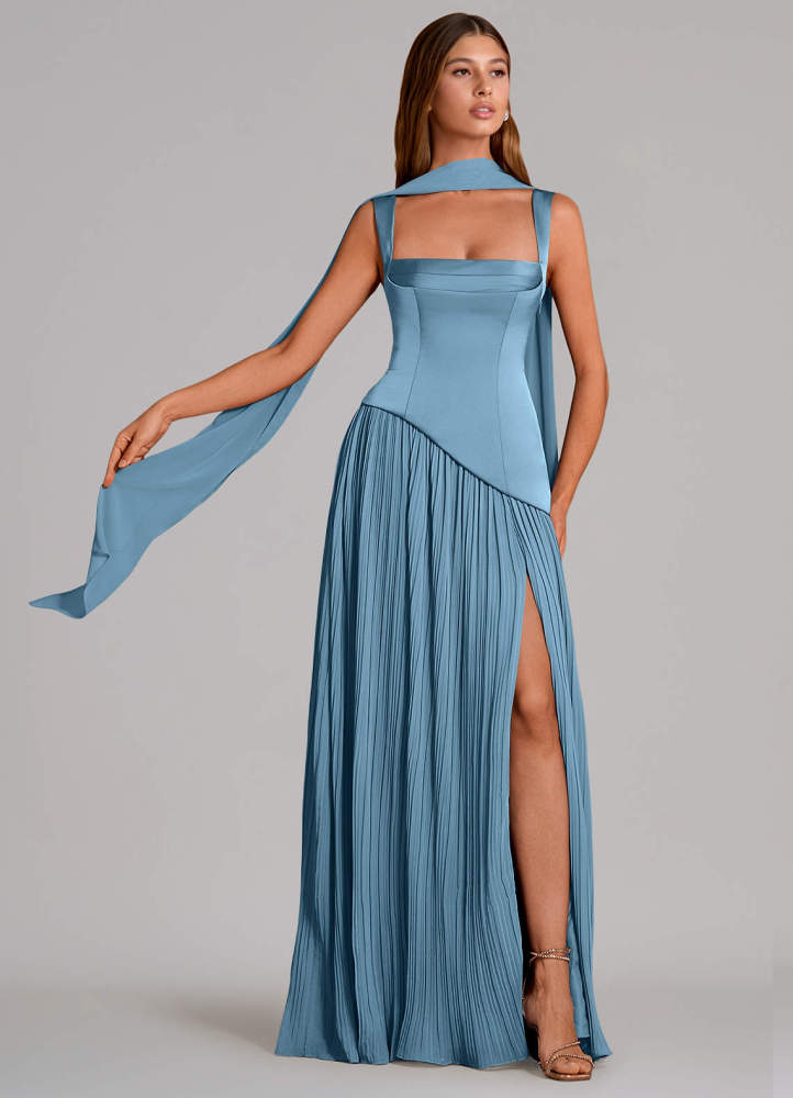 elyessen Stephanie Black A-Line Pleated Stretch Satin Dress 3