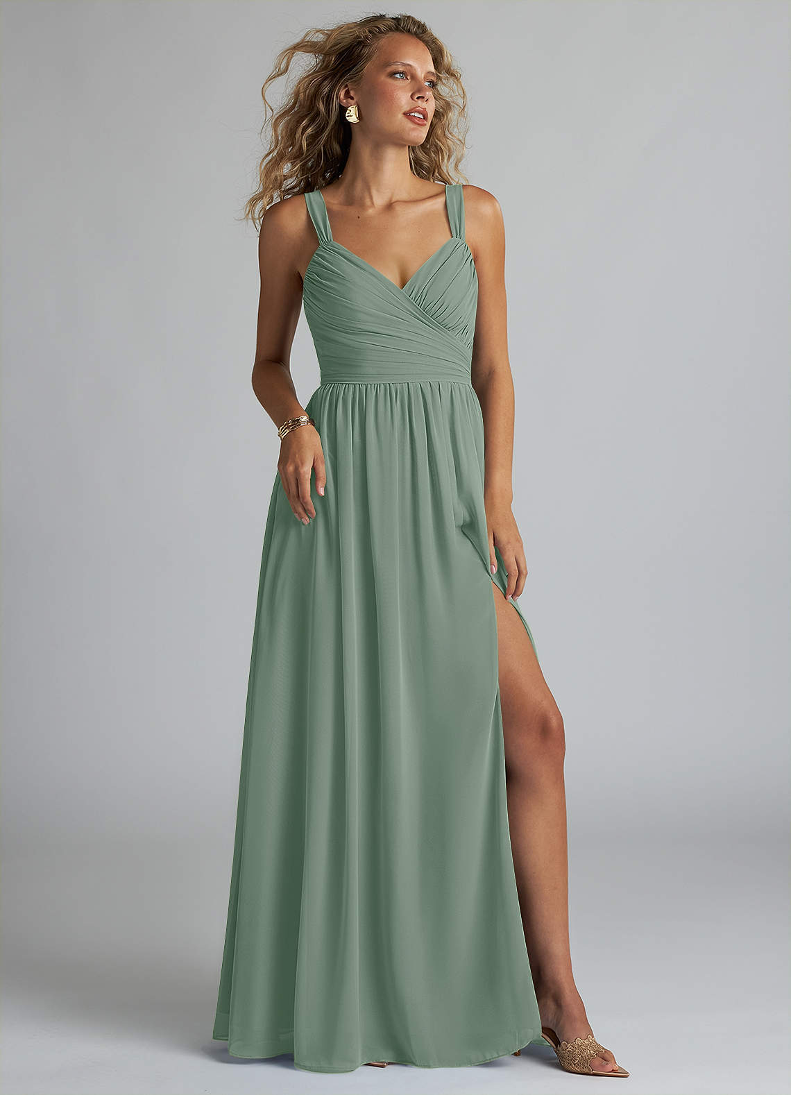 elyessen Aziza Sky Blue A-Line V-Neck Pleated Chiffon Dress 1