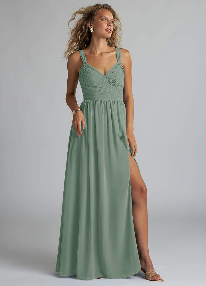 elyessen Aziza Sky Blue A-Line V-Neck Pleated Chiffon Dress 1