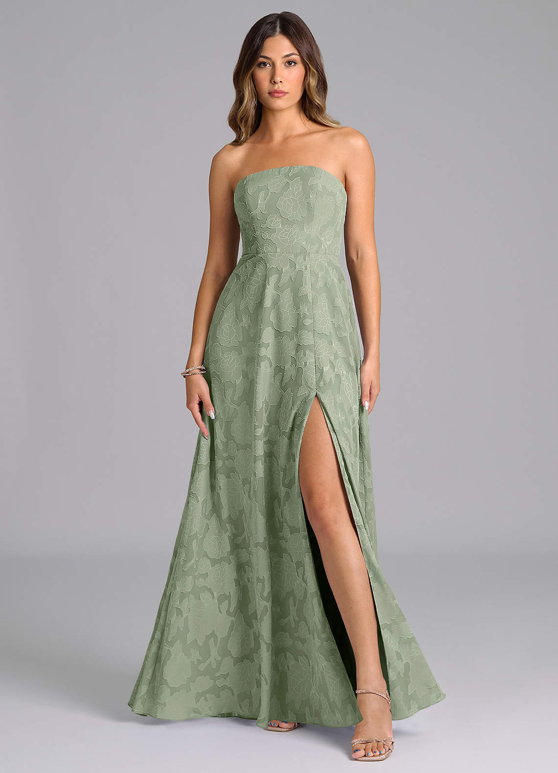 elyessen Wren Dusty Sage A-Line Strapless Floral Burnout Dress 1