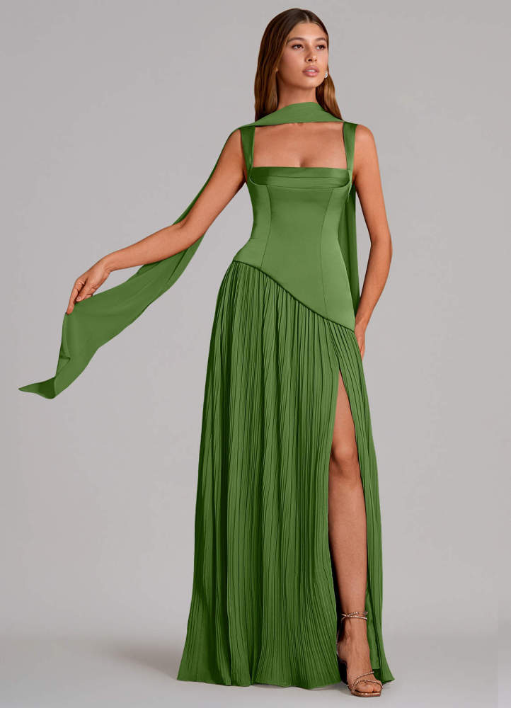 elyessen Stephanie Black A-Line Pleated Stretch Satin Dress 1