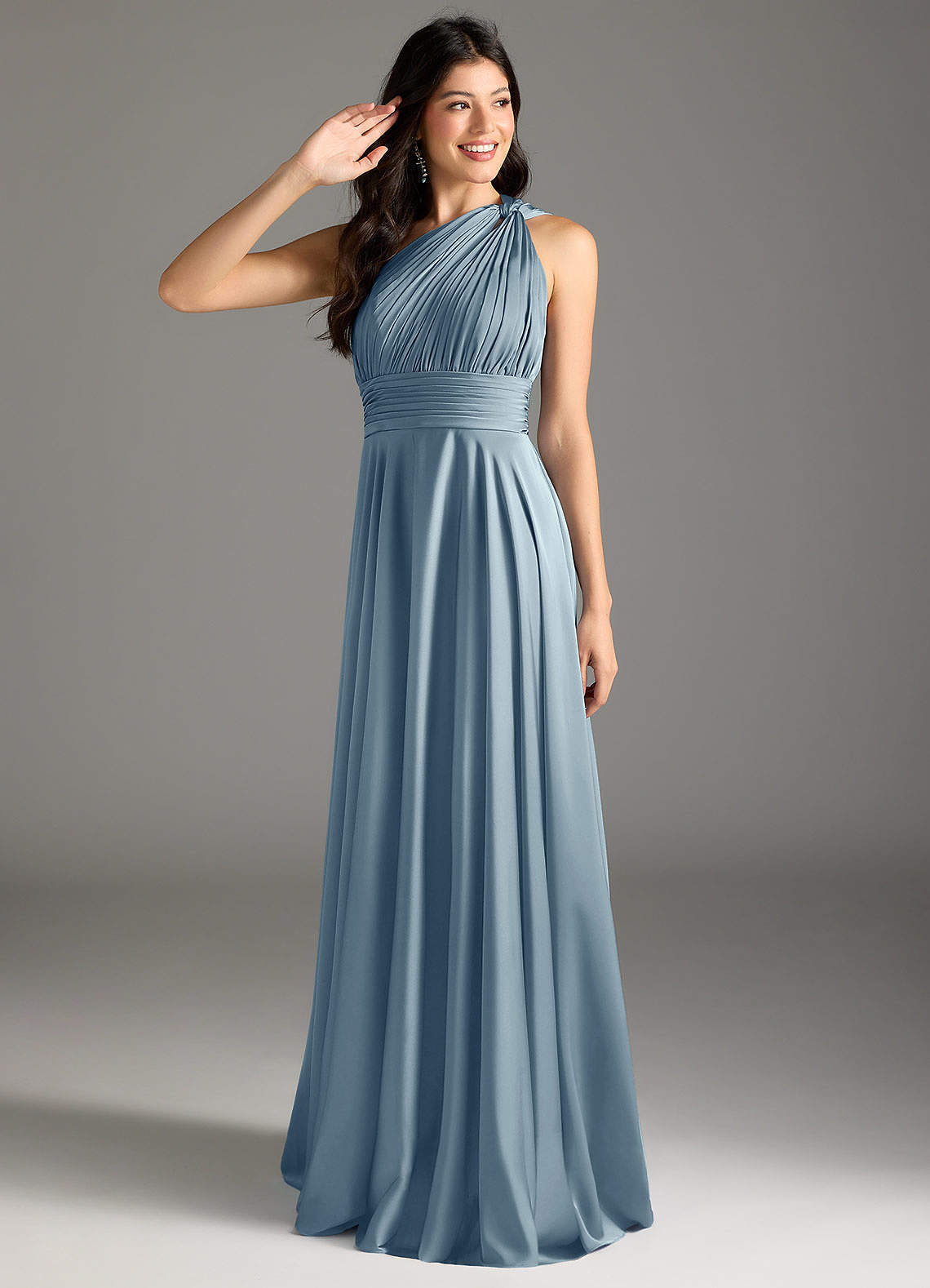elyessen Charlize Dusty Sage A-Line One Shoulder Stretch Satin Dress 3