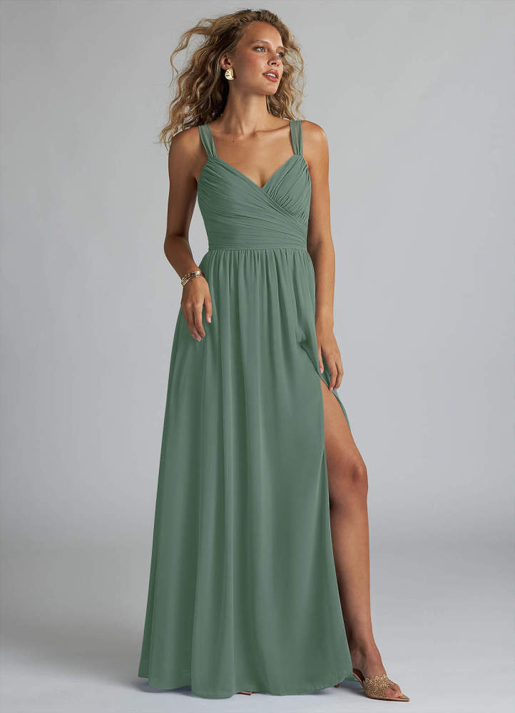 elyessen Aziza Sky Blue A-Line V-Neck Pleated Chiffon Dress 1