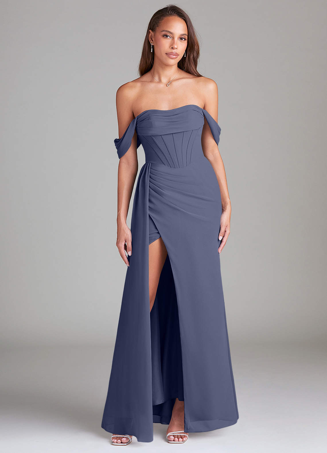 elyessen Amyra Dusty Blue Sheath Off the Shoulder Chiffon Convertible Dress 3