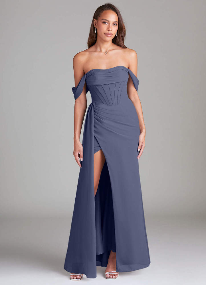 elyessen Amyra Dusty Blue Sheath Off the Shoulder Chiffon Convertible Dress 3