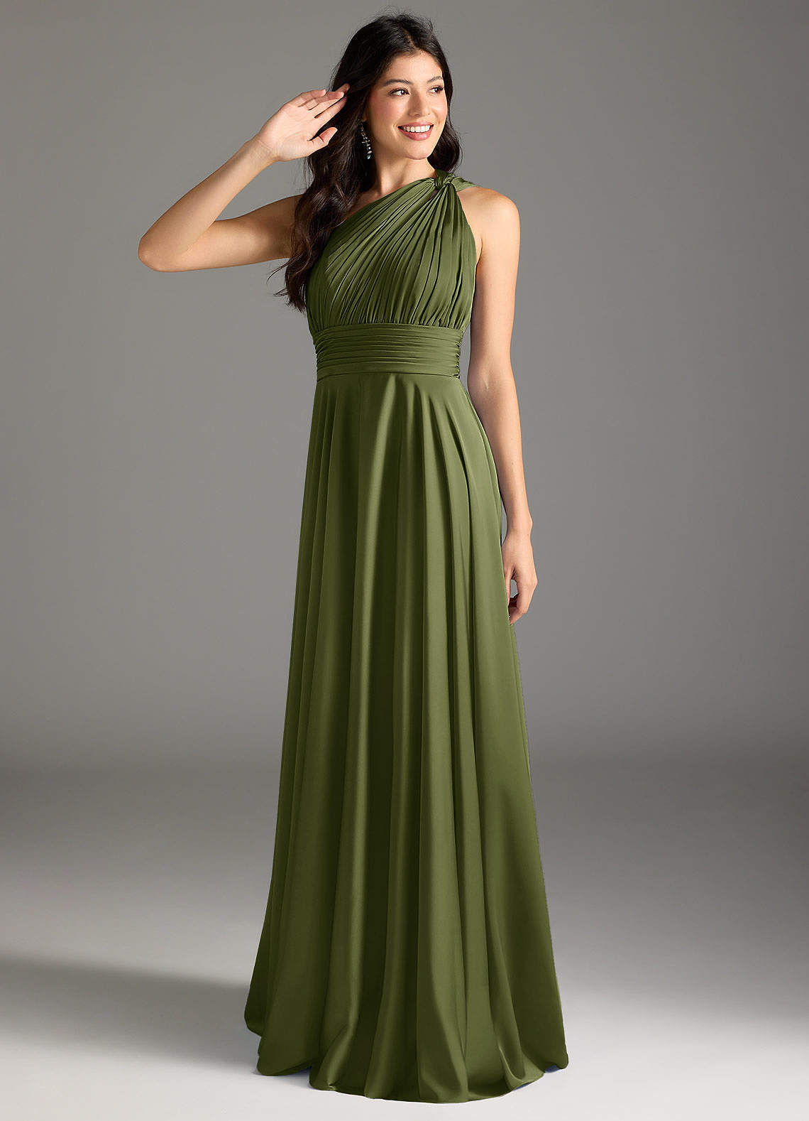 elyessen Charlize Dusty Sage A-Line One Shoulder Stretch Satin Dress 2