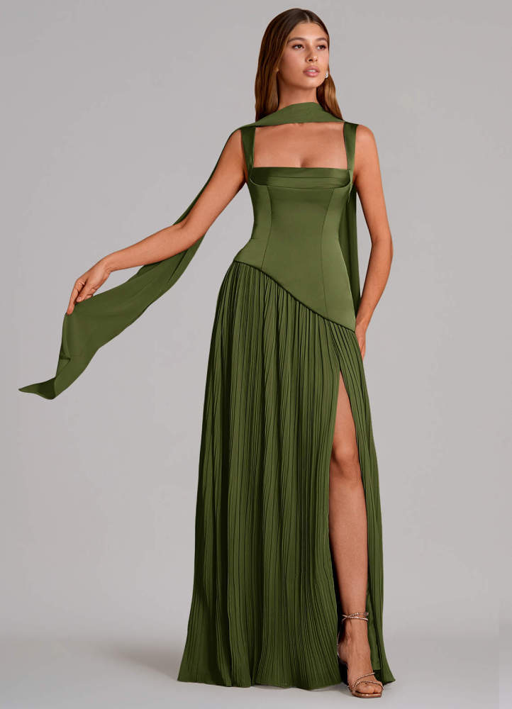 elyessen Stephanie Black A-Line Pleated Stretch Satin Dress 1