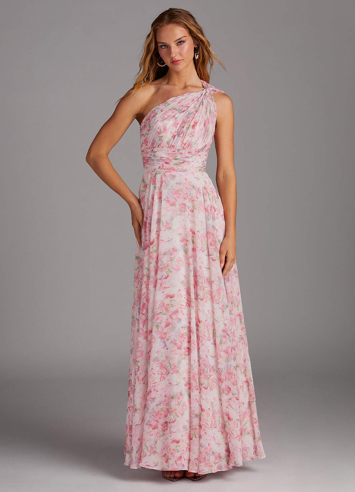 elyessen Charlize Abstract Bouquet Floral A-Line One Shoulder Chiffon Dress 9